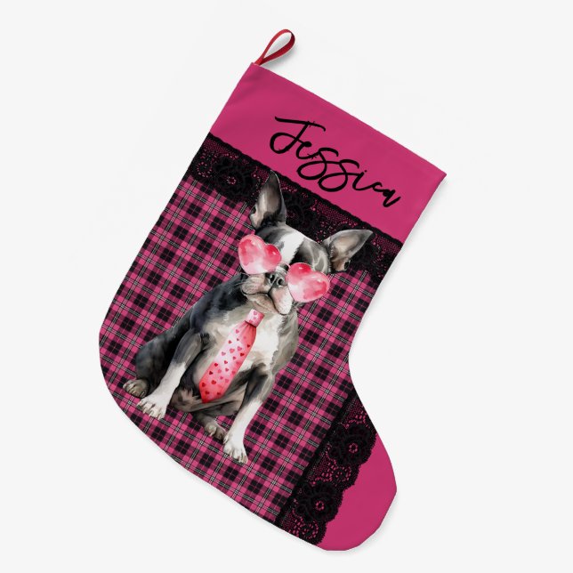 Personalized  Double sided Quirky Boston Terrier Großer Weihnachtsstrumpf (Vorderansicht (hängend))