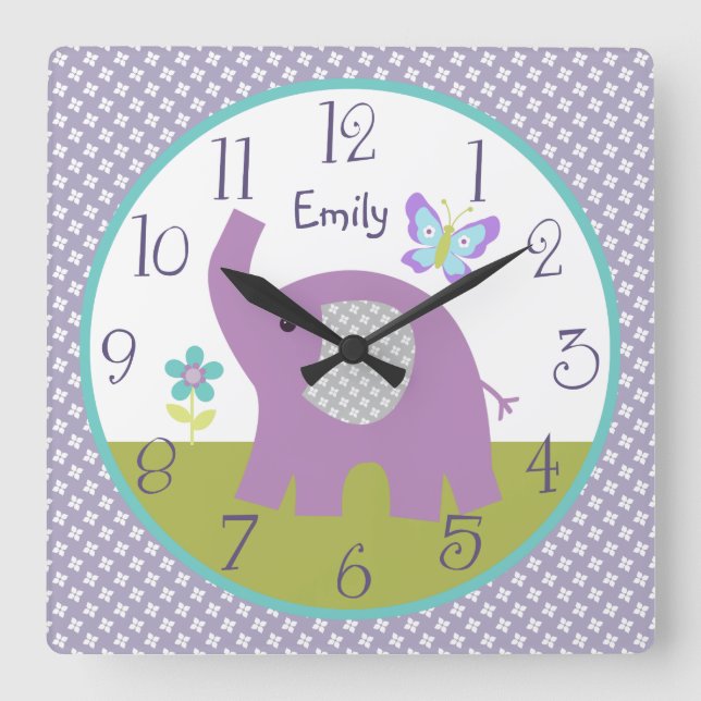Personalized Dreamland Elephant Nursery Clock Quadratische Wanduhr (Vorderseite)