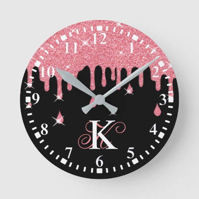 Personalized Dripping Pink Glitter Effect Sparkles Runde Wanduhr (Vorderseite)