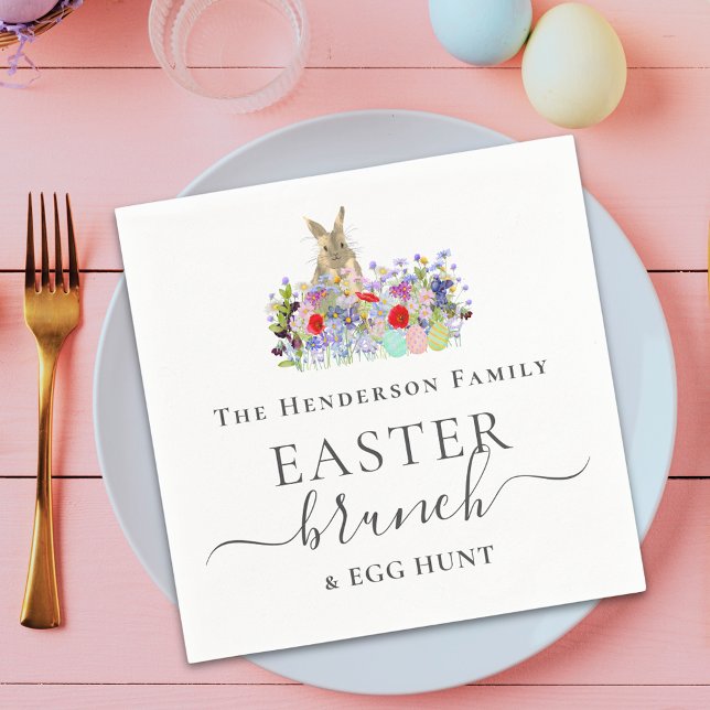 Personalized Easter Brunch and Egg Hunt Bunny Serviette (Elegant script Easter brunch and egg hunt cute bunny spring garden party custom napkins)