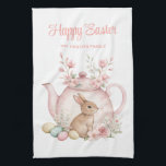 Personalized Easter Bunny Teapot Family Geschirrtuch<br><div class="desc">Celebrate Easter with this cute personalized kitchen towel featuring a sweet bunny peeks from a pink floral teapot, surrounded by pastel Easter eggs. Customize with your family name for a special touch.</div>