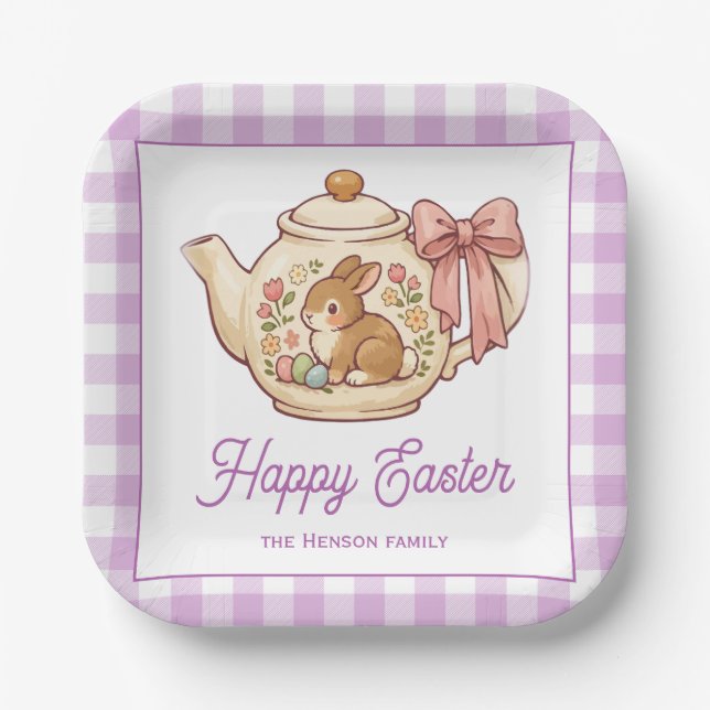 Personalized Easter Bunny Teapot Gingham Family Pappteller (Vorderseite)