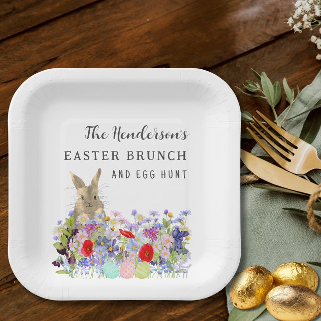Personalized Easter Egg Hunt Brunch Bunny Floral Pappteller (Personalized Easter egg hunt spring brunch cute bunny wildflower floral paper plate)