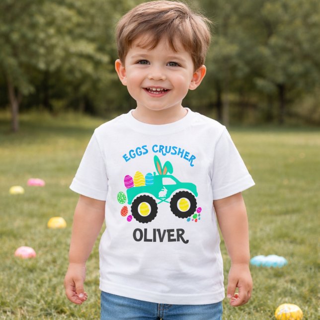 Personalized “Eggs Crusher” Monster Truck Easter  Baby T-shirt (Von Creator hochgeladen)