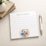 Personalized Elegant Blue Floral To-Do List Notizblock<br><div class="desc">Stay organized in a beautiful and personal way with this personalized blue floral to-do list notepad. Designed with soft blue garden florals and elegant typography, this notepad adds a calm, feminine touch to everyday planning. Personalize the notepad with a name or custom text, making it a thoughtful gift for women...</div>