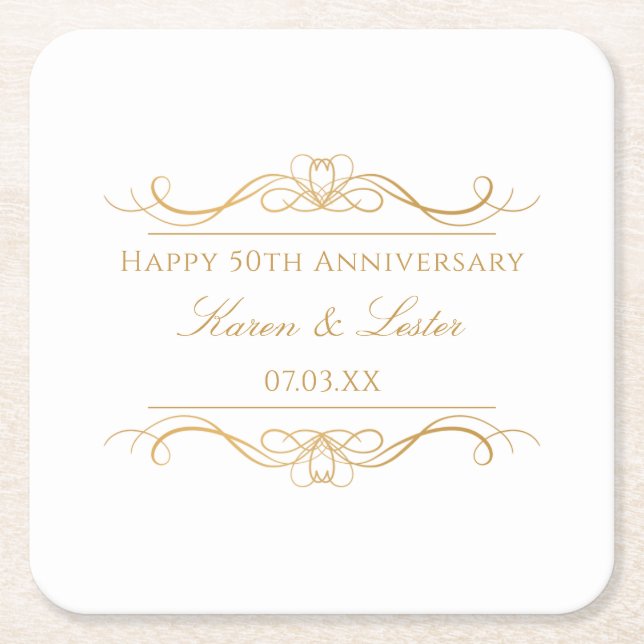 Personalized Elegant Gold Swirl 50th Anniversary Rechteckiger Pappuntersetzer (Vorderseite)