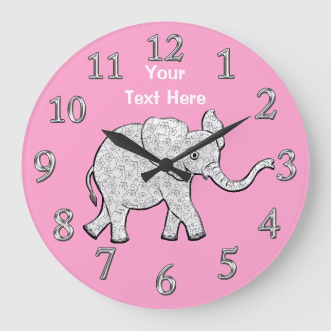 Personalized Elephant Clock Nursery Decor for Girl Große Wanduhr (Vorderseite)