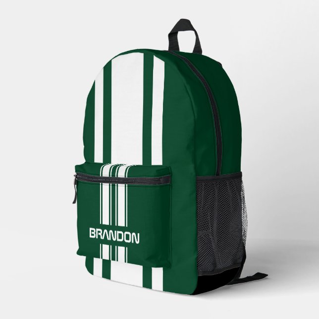 Personalized English Green And White Racing Stripe Bedruckter Rucksack (Rückseitige Ecke Rechts)