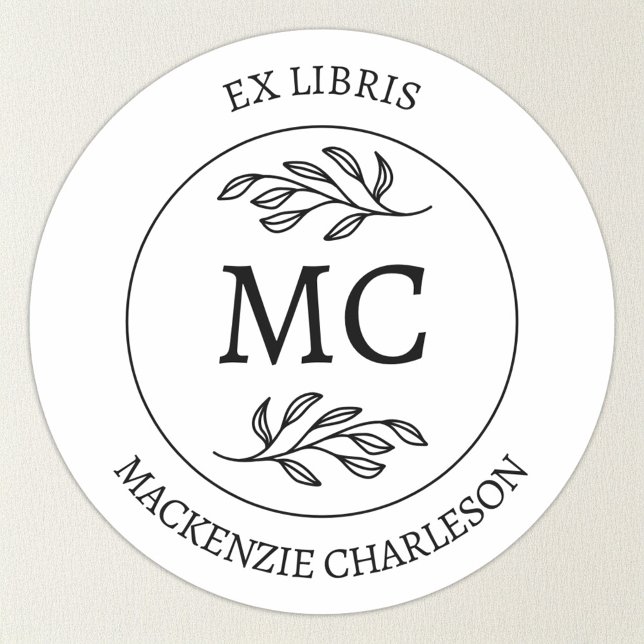 Personalized Ex Libris Monogram Bookplate Runder Aufkleber (Botanical Leaf classical monogram initial personalized Ex Libris from the library of sticker)