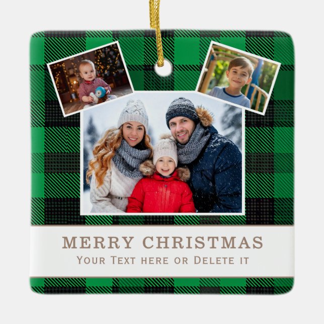 Personalized Family 3 Photo Green Plaid Christmas  Keramikornament (Vorderseite)