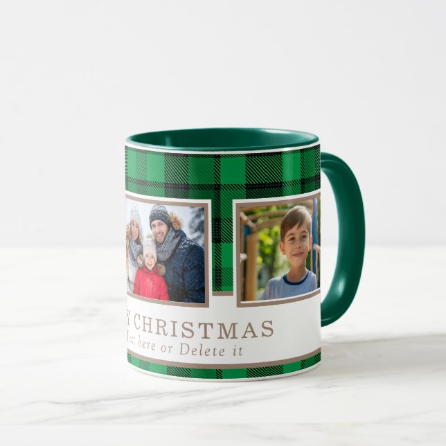 Personalized Family 3 Photo Green Plaid Christmas  Tasse (VorderseiteRechts)