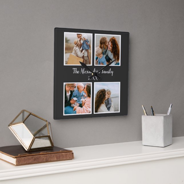 Personalized family 4 photo collage template quadratische wanduhr (Büro)