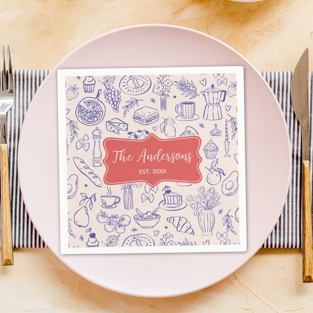 Personalized Family Name Cute Hand Drawn Food Serviette (In situ)