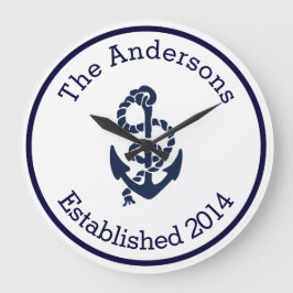 Personalized Family Name Nautical Navy Anchor Große Wanduhr