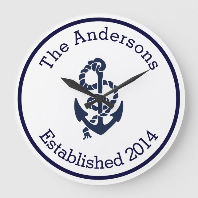 Personalized Family Name Nautical Navy Anchor Große Wanduhr (Vorderseite)