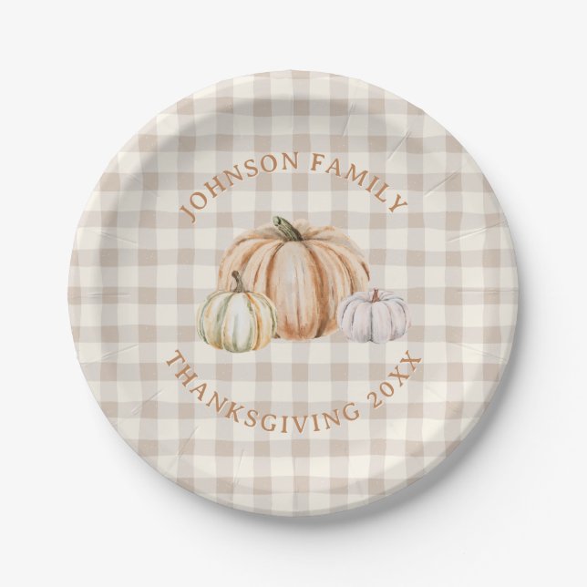 Personalized Family Name Thankful Neutral Gingham Pappteller (Vorderseite)