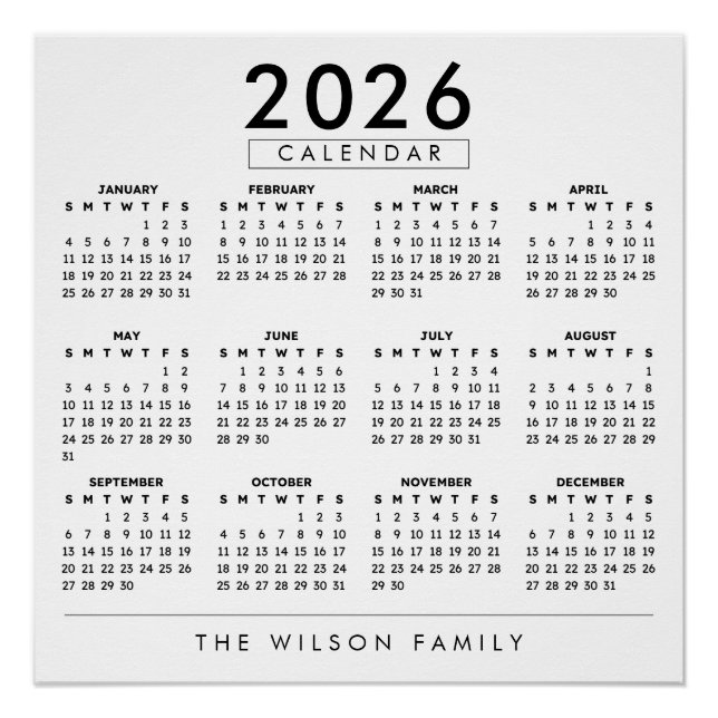 Personalized Family Name Wall Calendar 2026 Poster (Vorderseite)