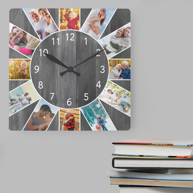 Personalized Family Photo Collage Grey Wood Quadratische Wanduhr (Photo clock with 12 photos, one at each hour. Great design for your home or a thoughtful photo gift.)