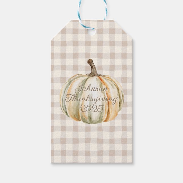 Personalized Family Thanksgiving Neutral Gingham  Geschenkanhänger (Vorderseite)
