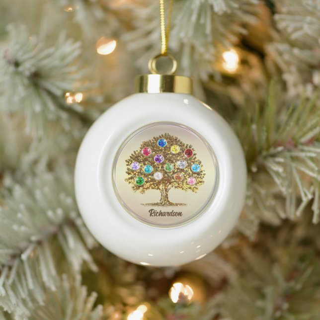 Personalized Family Tree Birthstone Christmas Gold Keramik Kugel-Ornament (Baum)