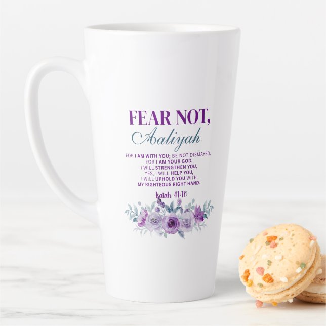 Personalized Fear Not Isaiah 41:10 Purple Floral Milchtasse (Beispiel)
