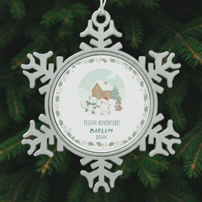 Personalized Festive Memories Schneeflocken Zinn-Ornament (Personalized Festive Memories Snowflake Pewter Christmas Ornament)