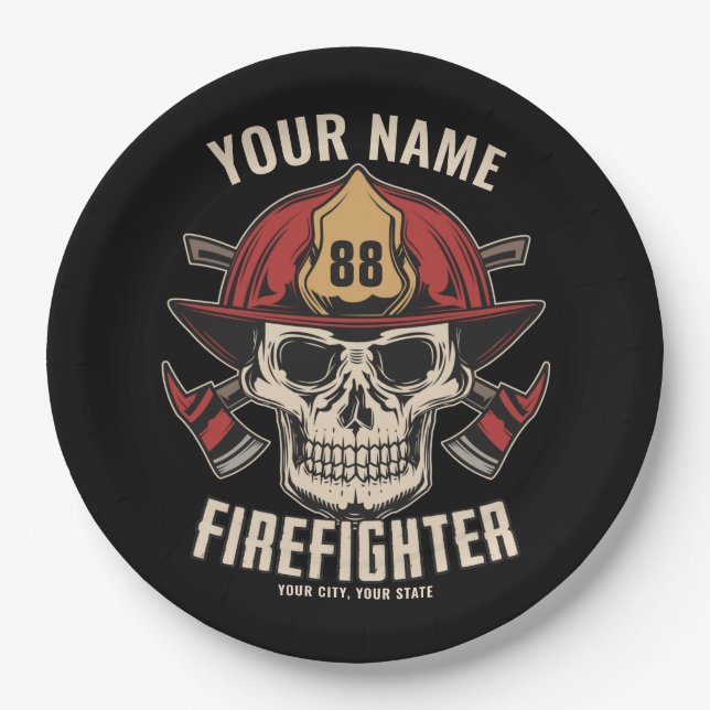 Personalized Firefighter Skull Fireman Fire Dept Pappteller (Vorderseite)