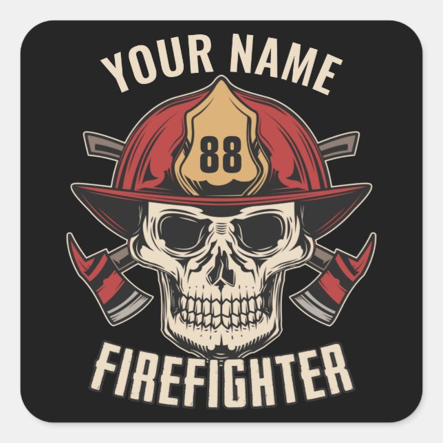 Personalized Firefighter Skull Fireman Fire Dept Quadratischer Aufkleber (Vorderseite)