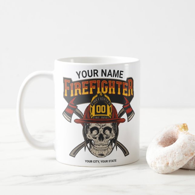 Personalized Fireman Skull Helmet Achse Firefighte Kaffeetasse (Mit Donut)