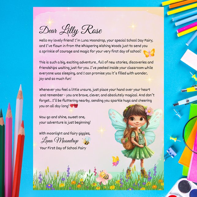 Personalized First Day of School Fairy Letter  Einladung (Personalized First Day of School Fairy Letter Printable – Luna Moondrop)