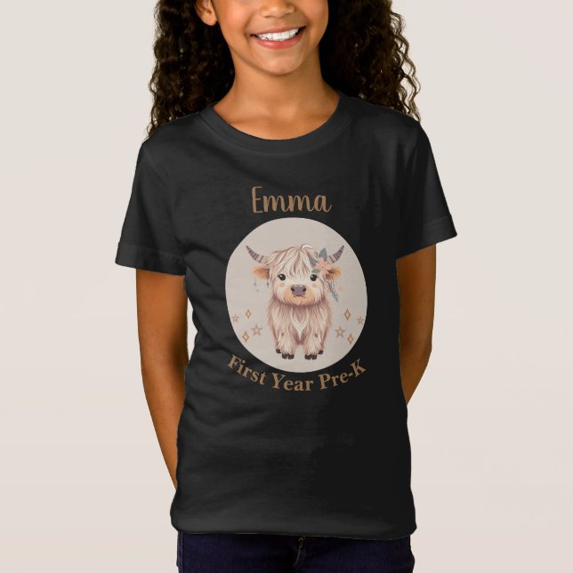 Personalized First Year PreK Cute Highland Cow T-Shirt (Vorderseite)