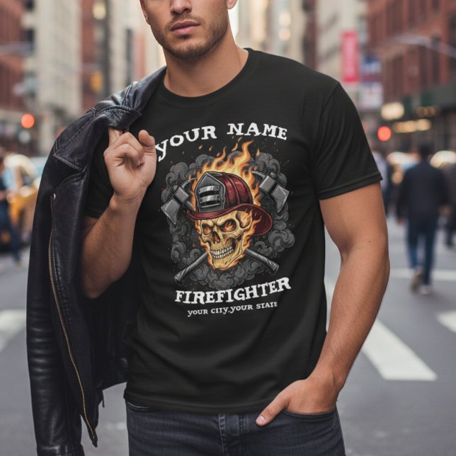 Personalized Flame Skull Firefighter Gear T-Shirt (Von Creator hochgeladen)