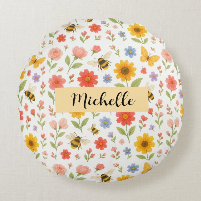 Personalized Floral Bee Round Pillow Rundes Kissen (Vorderseite)
