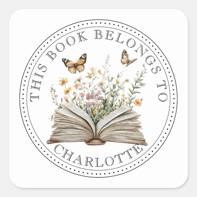 Personalized Floral Book Garden Quadratischer Aufkleber (Vorderseite)