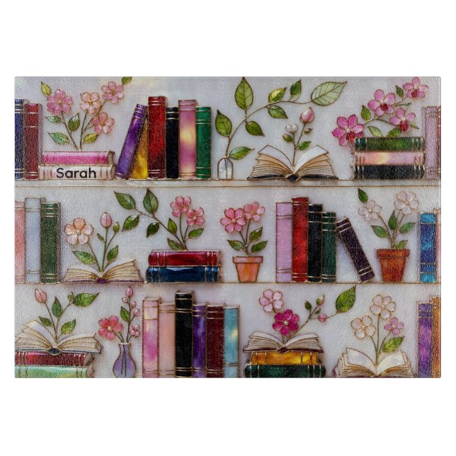 Personalized Floral Bookshelf Cutting Board Schneidebrett (Vorderseite)