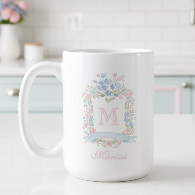 Personalized Floral Crest Mug (pretty preppy grandmillennial vintage mug with family crest monogram script calligraphy typography)