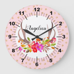 Personalized Floral Deer Antlers Große Wanduhr