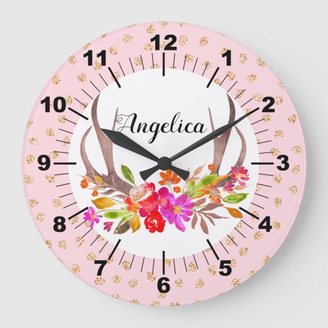 Personalized Floral Deer Antlers Große Wanduhr (Vorderseite)