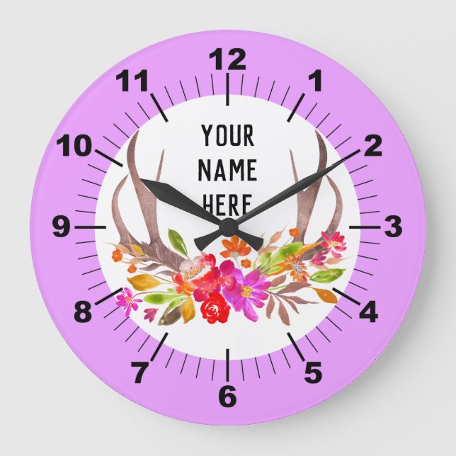 Personalized Floral Deer Antlers Large Clock Große Wanduhr (Vorderseite)