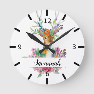 Personalized Floral Deer Runde Wanduhr