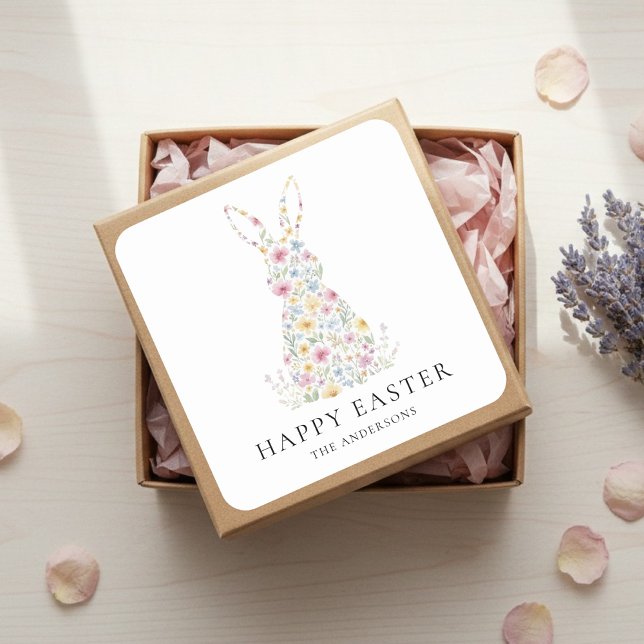 Personalized Floral Easter Bunny | Custom  Quadratischer Aufkleber (Von Creator hochgeladen)