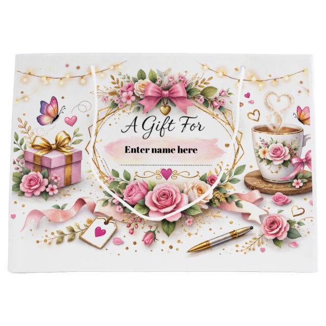 Personalized Floral Gift Bag With Custom Name Große Geschenktüte (Vorderseite)