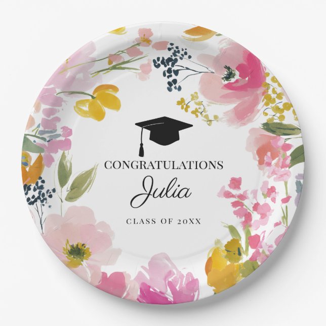 Personalized Floral Graduation Party Decor Pappteller (Vorderseite)