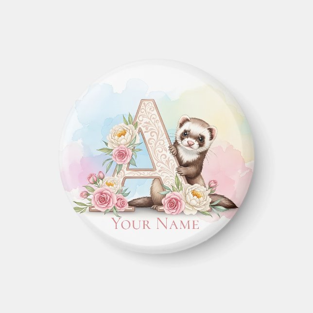 Personalized Floral Monogram 'A' with Cute Ferret  Magnet (Vorne)