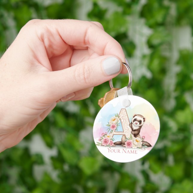 Personalized Floral Monogram 'A' with Cute Ferret  Schlüsselanhänger (Hand)