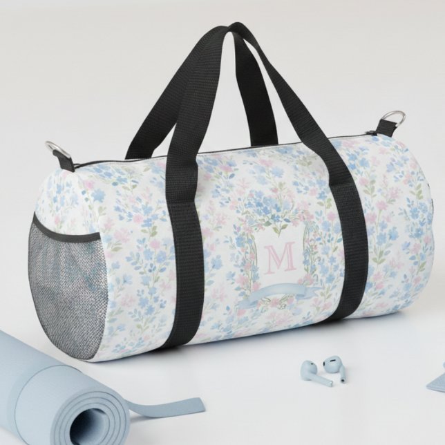 Personalized Floral Monogram Bag Duffle Bag (elegant girly blue pink floral personalized duffel bag with custom monogram initial)