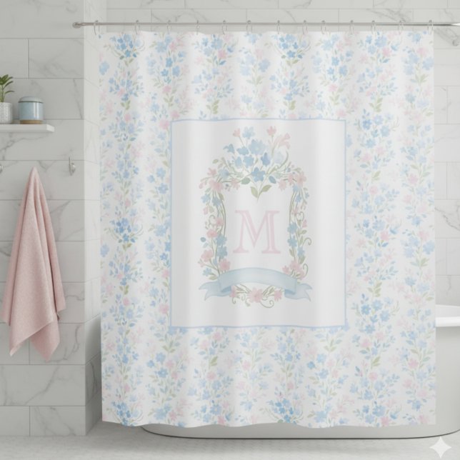 Personalized Floral Monogram Shower Curtain Duschvorhang (elegant girly preppy grandmillennial floral crest shower curtain with custom monogram initial)