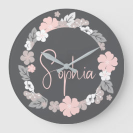 Personalized Floral Name Pink Große Wanduhr