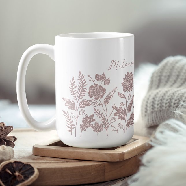 Personalized Foliage Autumn Flowers Pink Kaffeetasse (Personalized Foliage Autumn Flowers Pink Coffee Mug)