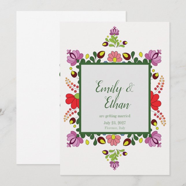 Personalized Folk Floral Wedding & Back Design Einladung (Vorne/Hinten)